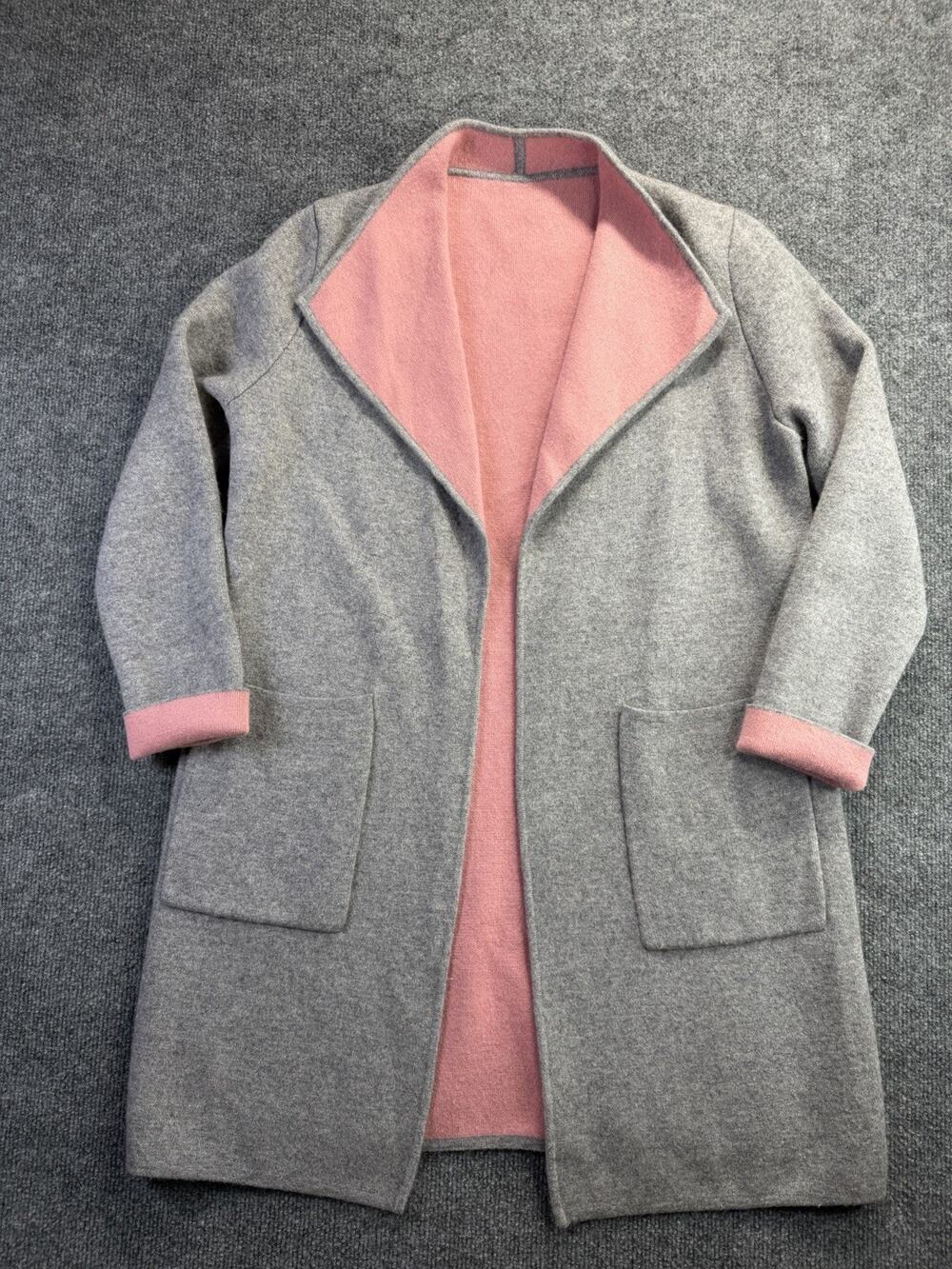 Wool/Cashmere Blend Grey Pink Long Sleeve Open Cardigan Sweater Coat Sz Petite S